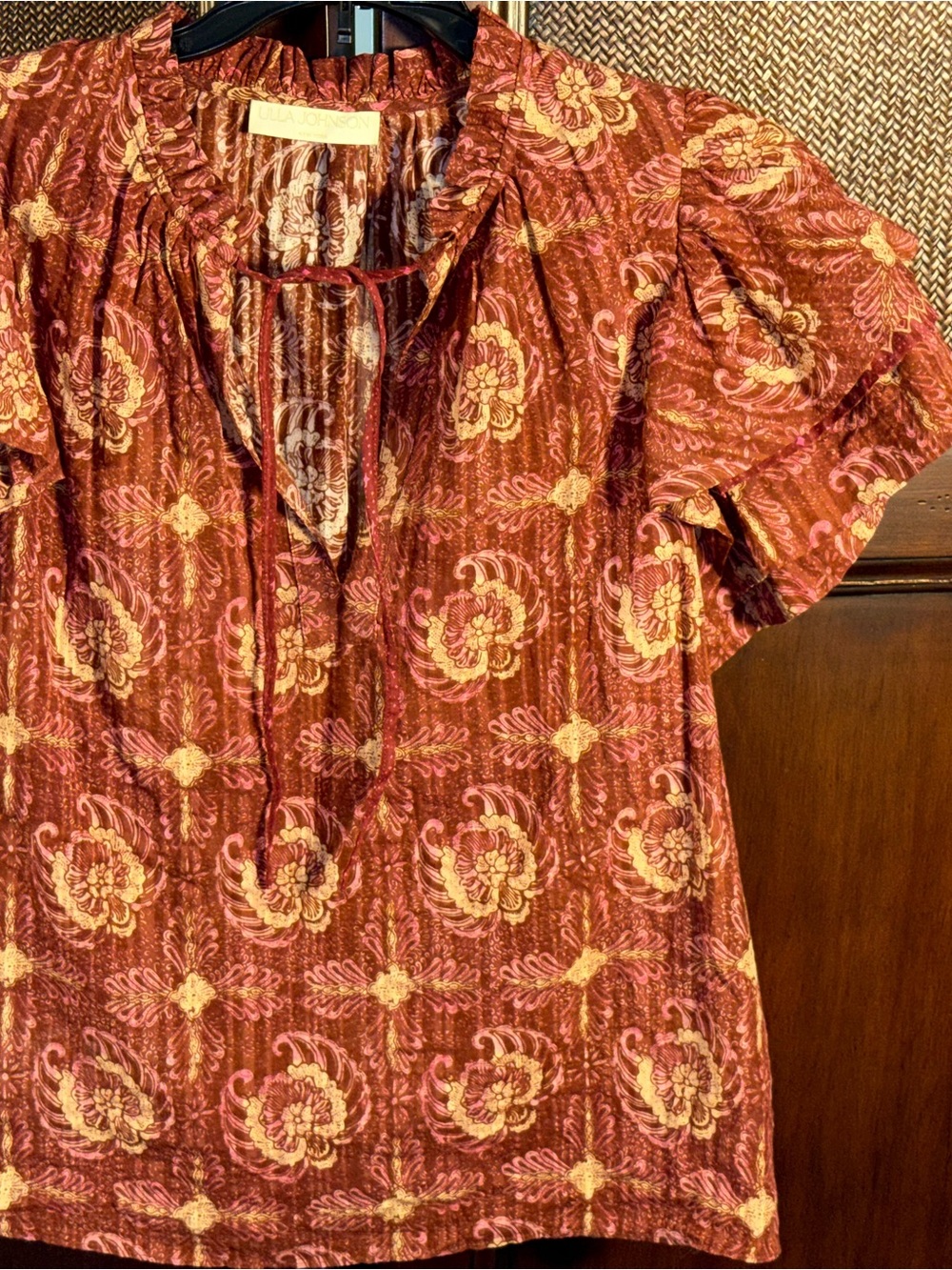 Ulla Johnson Rust Floral Tie-Neck Peasant Blouse